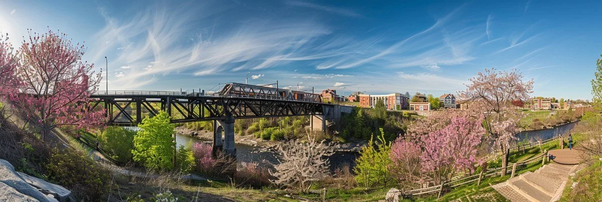 Scenic header image of St. Thomas, Ontario, showcasing the Railway City’s elevated park, spring blossoms, and downtown buildings in a 3:1 aspect ratio.