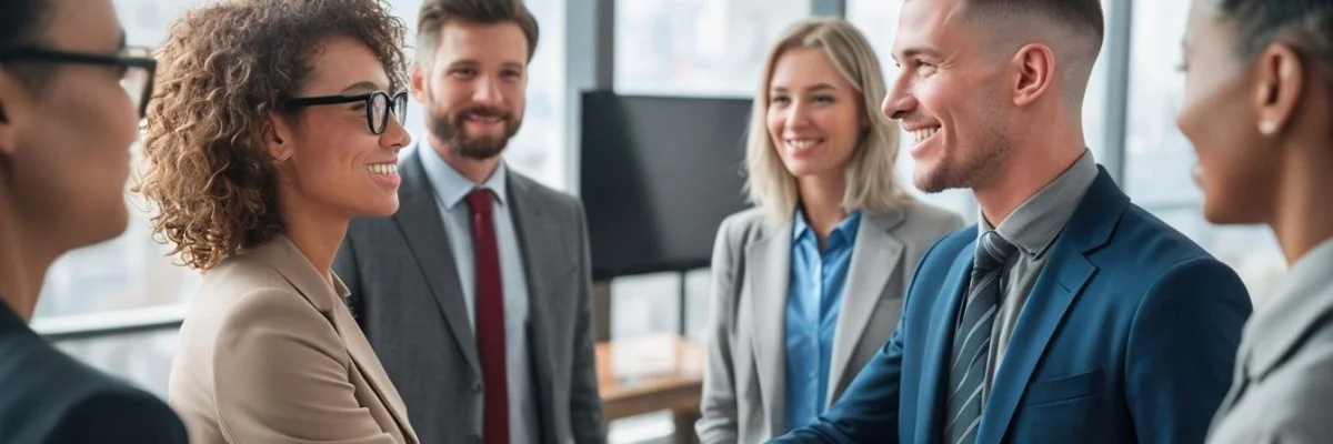 Professional office scene with colleagues shaking hands and smiling after a successful meeting