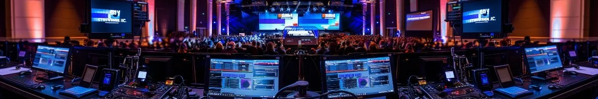 A wide panoramic view of a sophisticated live stream control booth in Windsor, Ontario, featuring a multi-monitor array and production consoles overlooking a large, dimly lit auditorium filled with a professional audience.