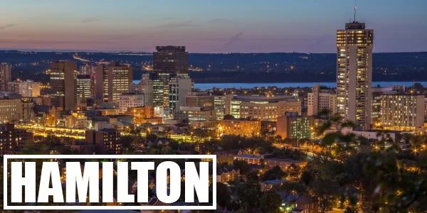 Hamilton, Ontario's downtown bustling with activity at night. Streaming Inc. supports conferences and corporate events in Hamilton with high-quality live streaming and AV solutions.