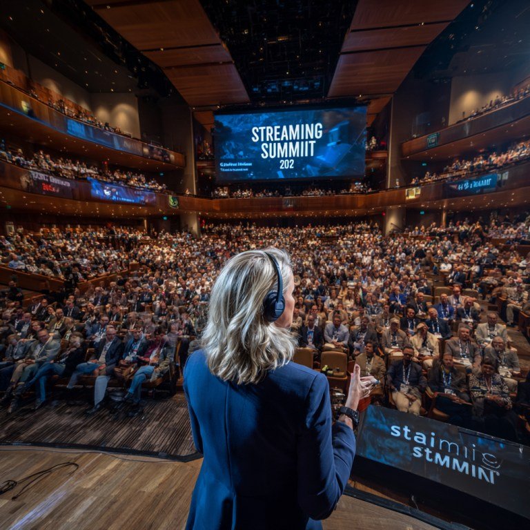 A professional keynote speaker on stage during a large-scale corporate event, overlooking a massive, engaged auditorium audience with professional live streaming production displays in the foreground.