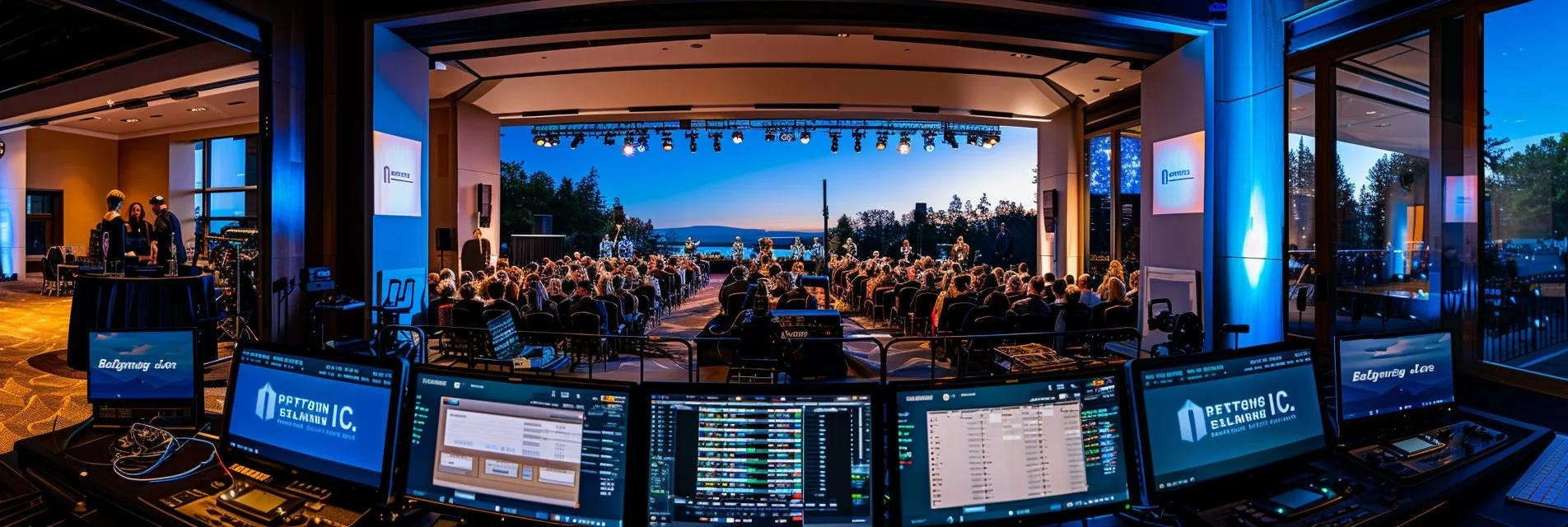 A cinematic panoramic view of a professional Streaming Inc. live stream setup at a high-end destination venue in Niagara, featuring professional cameras and a stage with high-stakes production lighting.