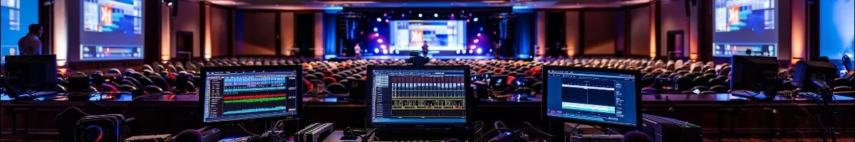 A wide panoramic view of a professional event broadcast station in Cambridge, Ontario, with three central monitors displaying audio levels and video streams, situated behind empty auditorium seating facing a vibrant stage.