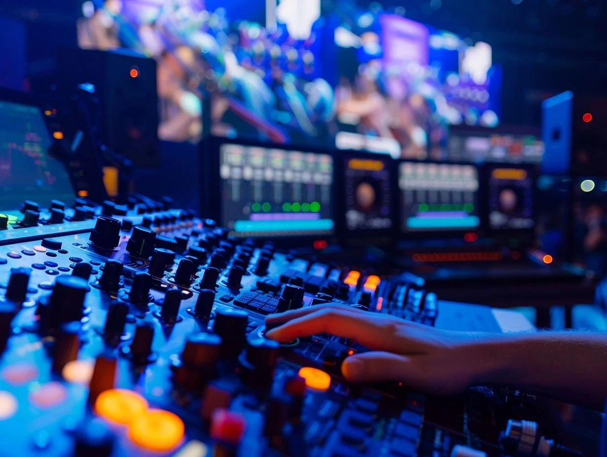 The Streaming Inc. production team managing a live stream for a corporate AGM in London, Ontario, showing hardware encoders and professional audio mixing boards.