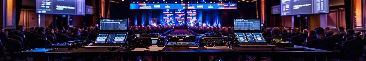 A wide panoramic shot of a professional live streaming setup featuring dual laptops and hardware encoders on a production desk, overlooking a corporate audience and a lit stage at a large venue in Chatham, Ontario.