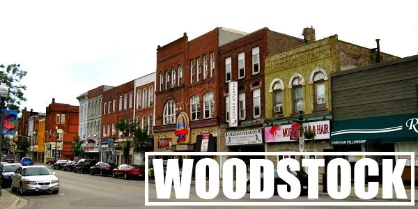 Woodstock, Ontario's main street on a sunny day.  A charming town where Streaming Inc. brings live streaming and video production expertise to corporate events and festivals.
