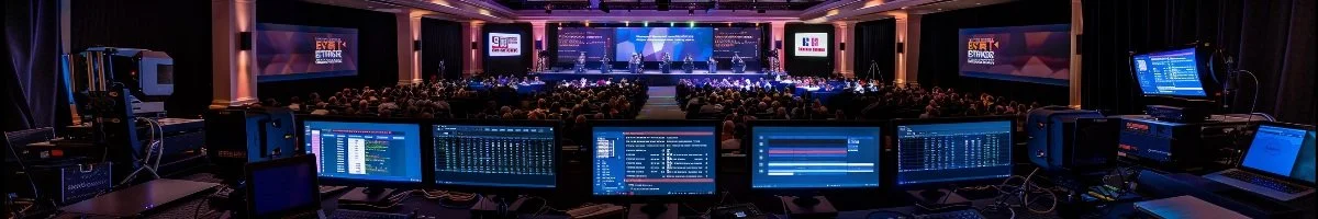 A panoramic high-angle view from a technical production desk with five monitors and hardware encoders, overlooking a large professional audience and a multi-screen stage setup in Waterloo, Ontario.