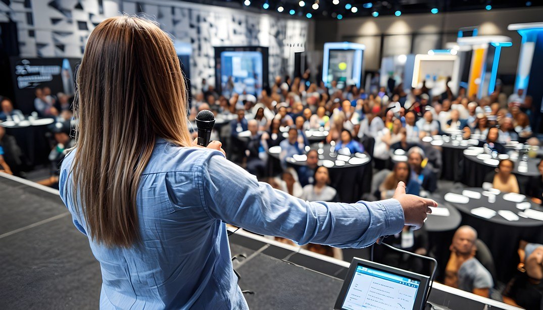 A professional female keynote speaker addressing a large, engaged audience at a Mississauga corporate conference, illustrating Streaming Inc.’s high-quality broadcast and live streaming production.