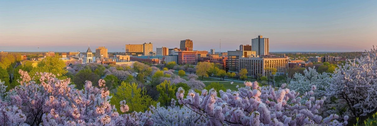 Panoramic sunset view of downtown St. Catharines, Ontario, featuring spring blossoms and the city skyline.