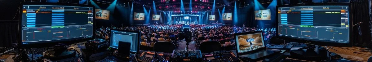 A panoramic view from behind a live streaming production console featuring large dual monitors with technical interfaces, overlooking a lit stage and audience at a major event in Grand Bend, Ontario.