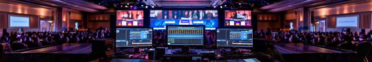 A wide panoramic shot of a professional live streaming control station in Guelph, Ontario, featuring triple monitors displaying video feeds and technical data, overlooking a large corporate audience in a spacious conference hall.