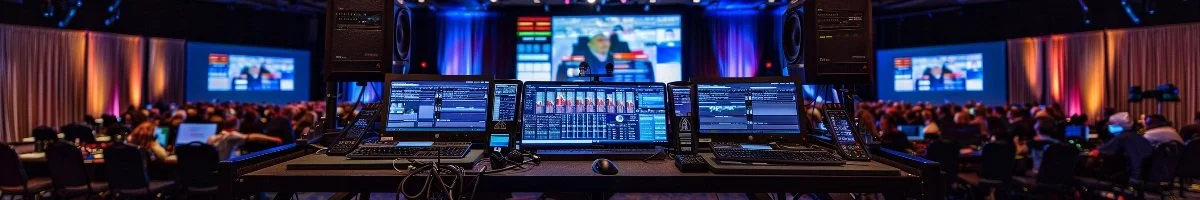 A wide panoramic view of a high-end live broadcast control center in Oakville, Ontario, featuring three large monitors with technical video streams and audio levels, overlooking a professional audience at a corporate conference.