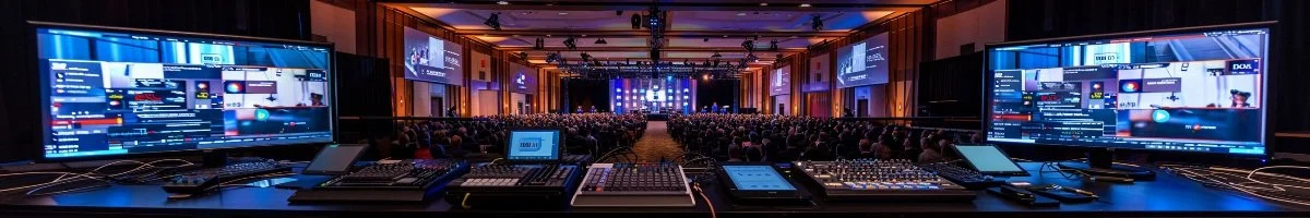 A panoramic view of a high-end live broadcast control center in Brampton, Ontario, featuring an array of multiple monitors with technical video streams and audio levels, overlooking a professional audience at a corporate conference.