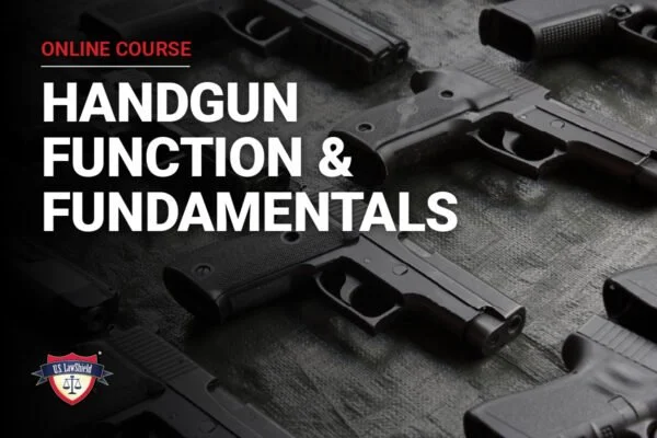 Online course cover image featuring various handguns on a dark surface with text 'Handgun Function & Fundamentals' and a US LawShield logo.
