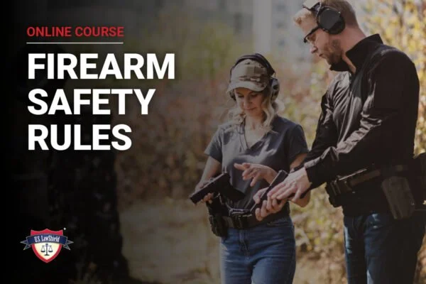 A man and a woman outdoors wearing safety gear, looking at a firearm with a tablet. The image is part of an online course about firearm safety rules.