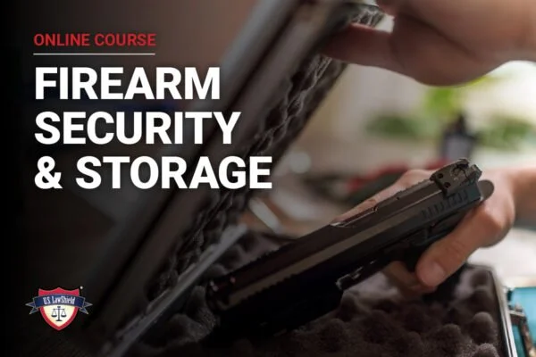 A person holding a handgun with a focus on firearm security and storage, featuring a promotional graphic for an online course on firearm safety, security, and storage.