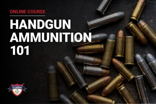 Online course advertisement for handgun ammunition 101, featuring scattered bullets on a dark background.
