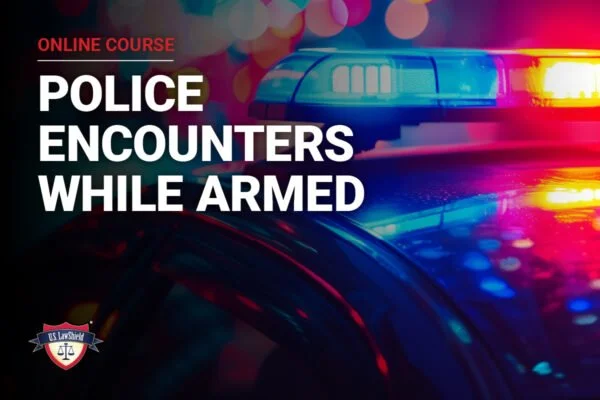 Online course advertisement for a program called Police Encounters While Armed, showing a police car with flashing lights and a US LawShield logo.