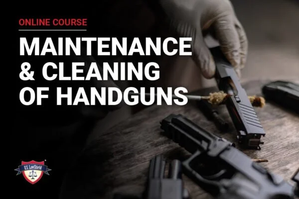 Promotional image for an online course on maintenance and cleaning of handguns, showing a person cleaning a handgun with a brush.