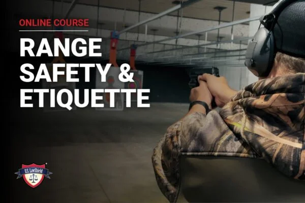 A person at a shooting range practicing firearm safety, wearing ear protection and aiming a handgun, with a sign for an online course on range safety and etiquette.