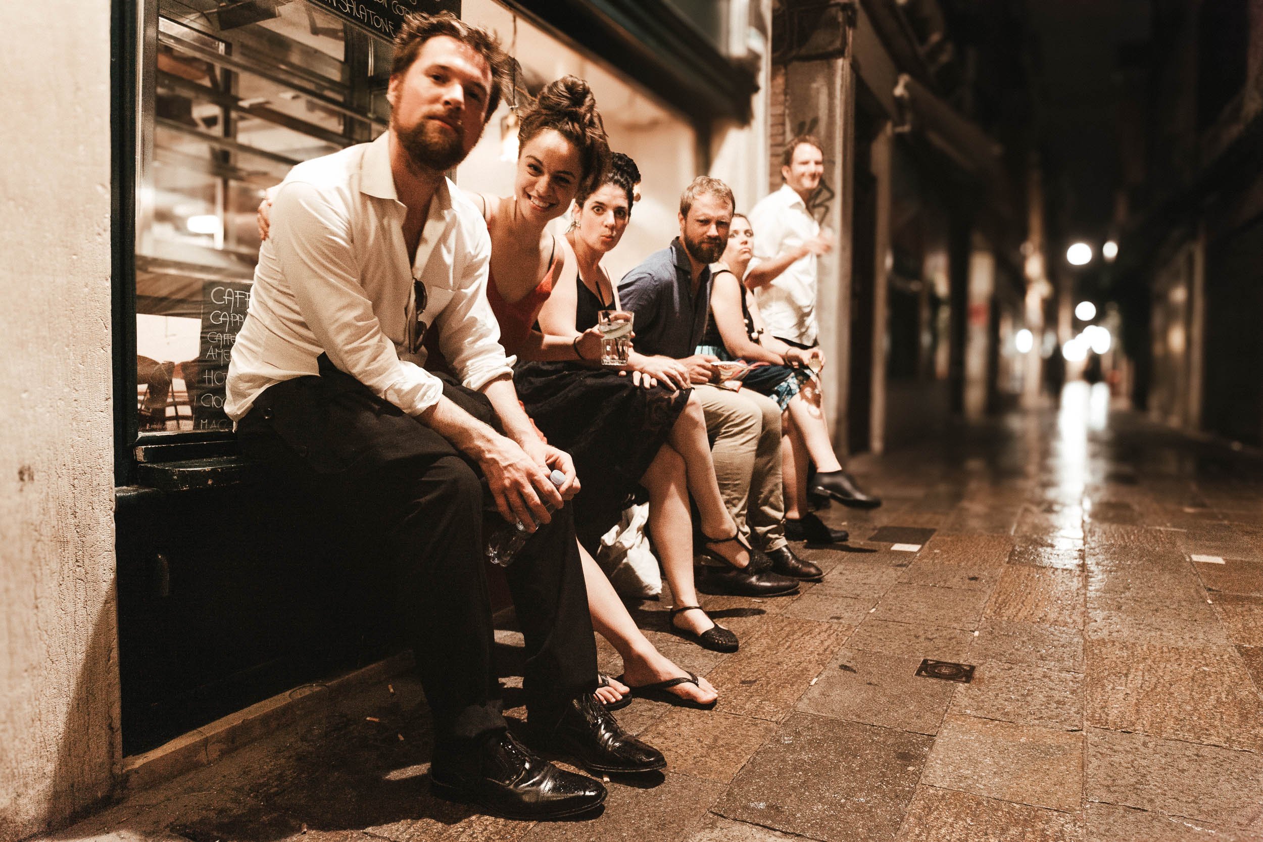 Wedding after party on the streets of Venice with five friends in the shot.