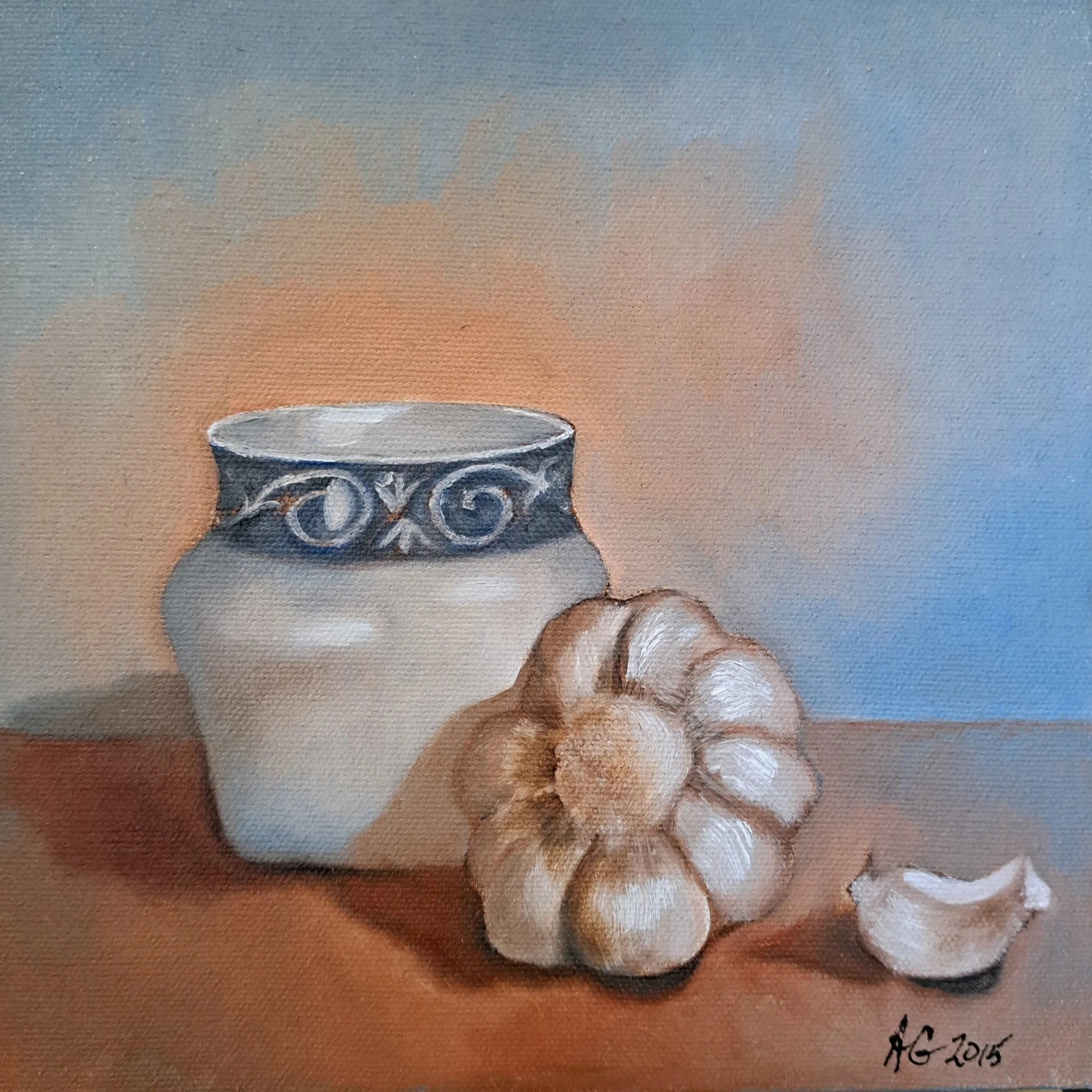 Still Life with Garlic (Study in Warm and Cool Colours), 2015. Oil on gallery canvas - 8 x 8 in / 20 x 20 cm.