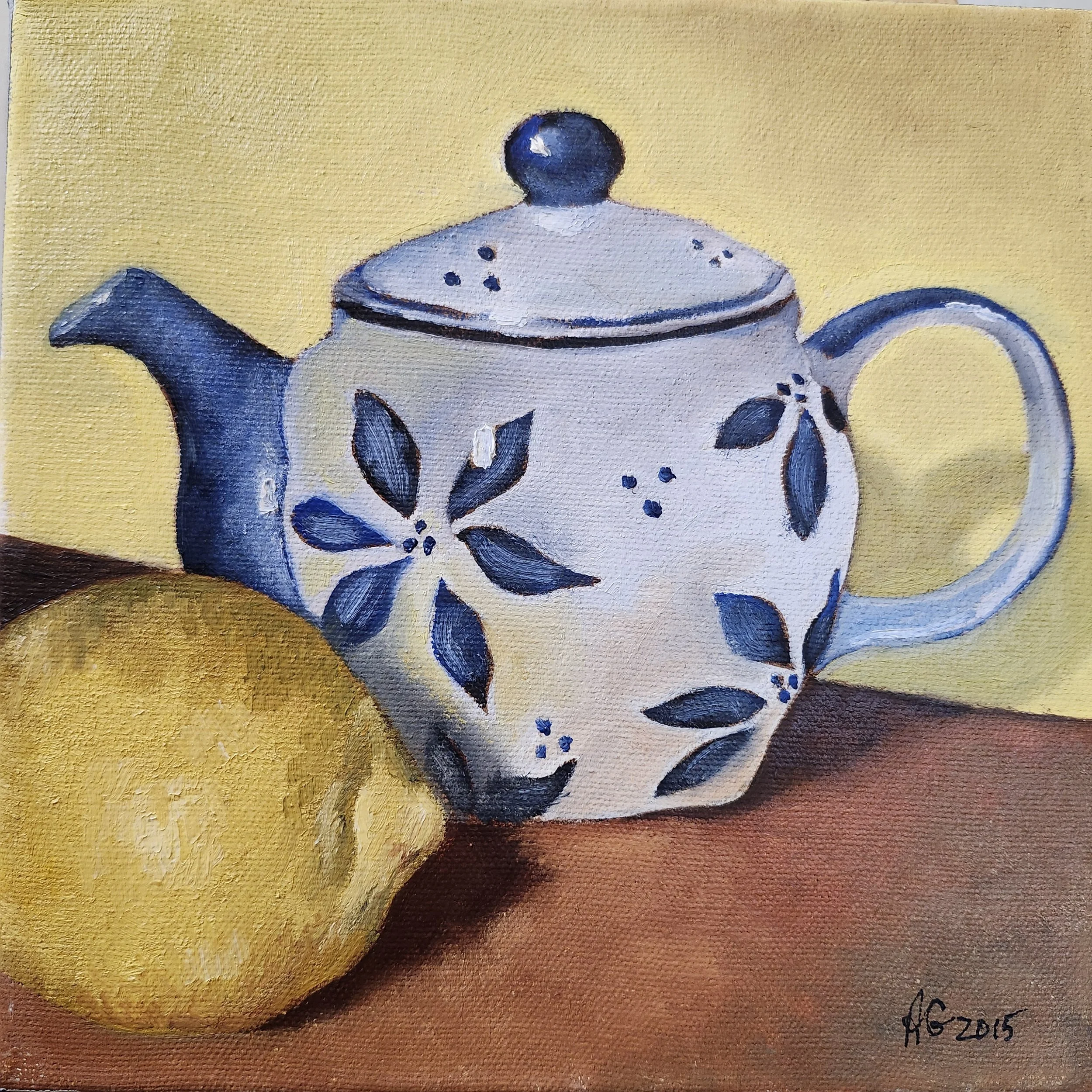 Teapot with Lemon, 2015. Oil on canvas - 8 x 8 in / 20 x 20 cm.