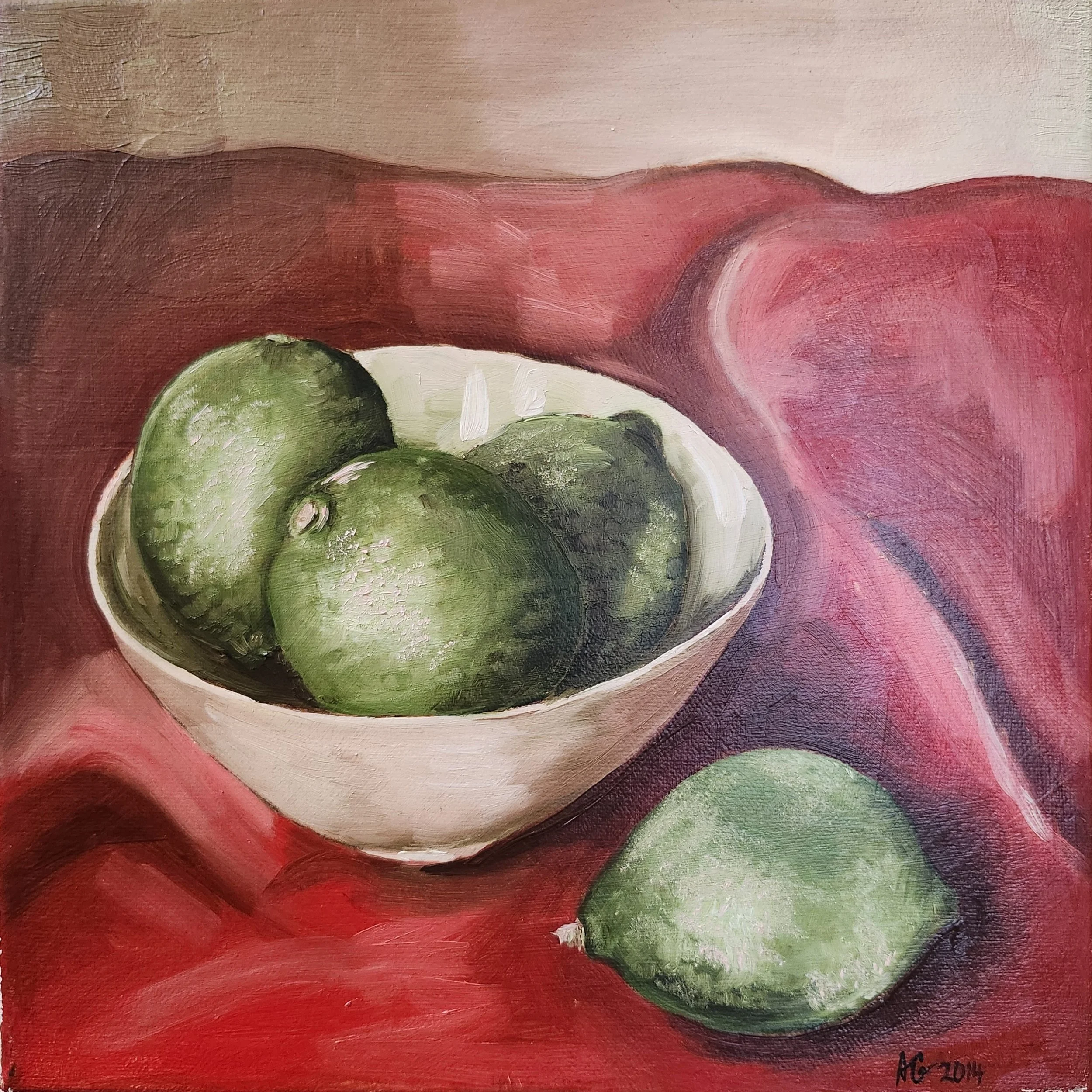 Bowl of Limes (Study in Red and Green), 2014. Oil on canvas - 10 x 10 in / 25 x 25 cm.