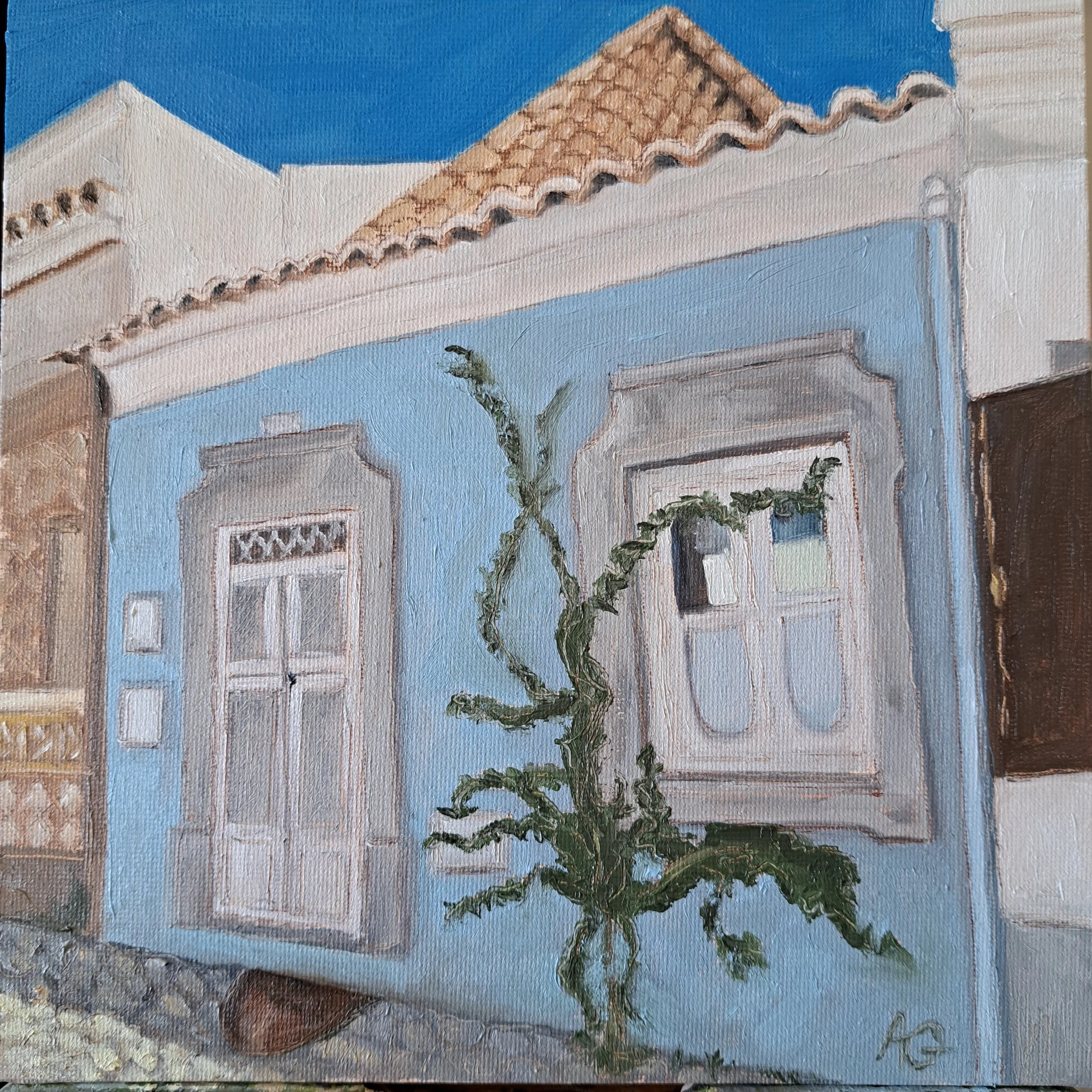 Day 22: Little Blue House, Tavira, Portugal, 2024. Oil on canvas board - 8 x 8 in / 20 x 20 cm.