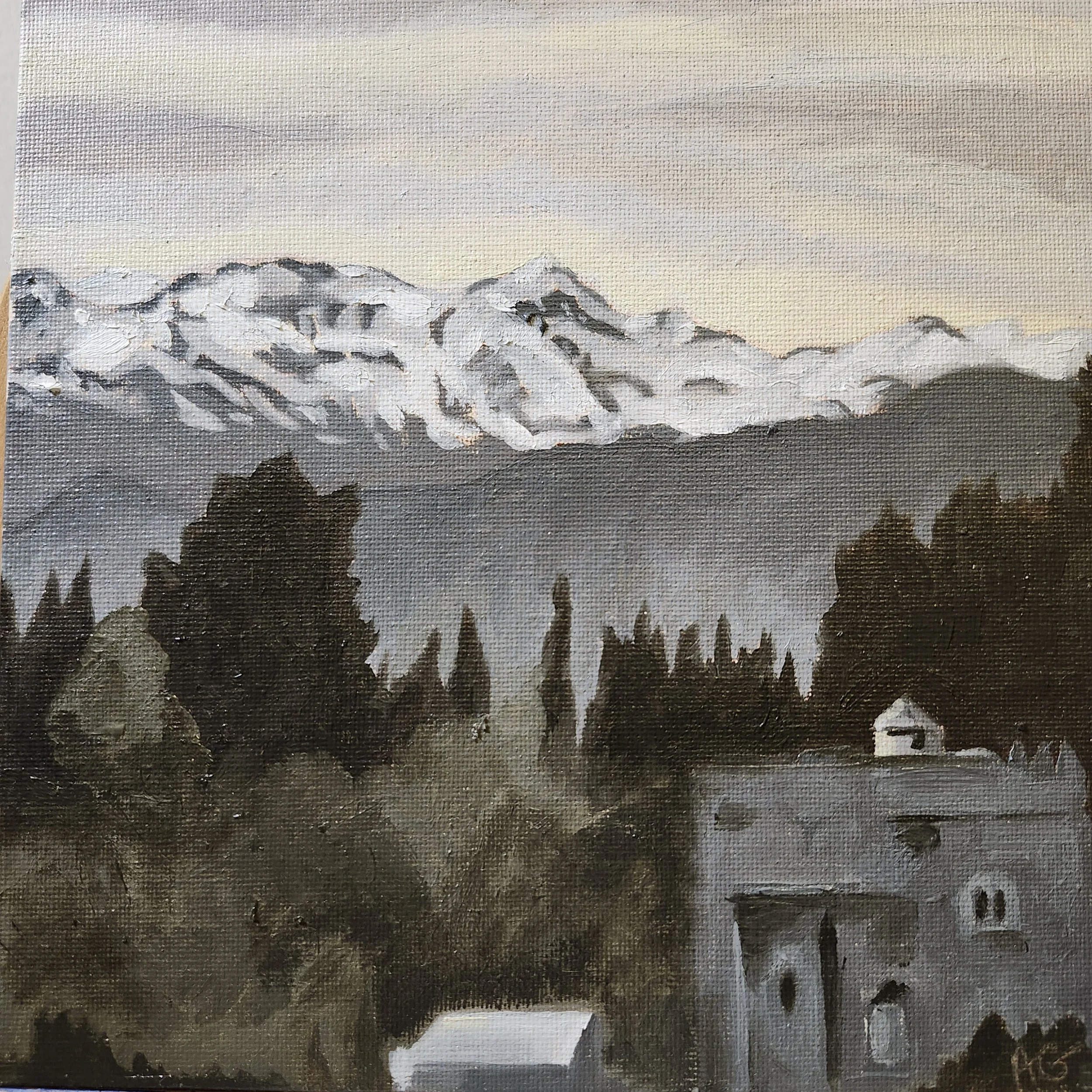 Day 8: Distant Mountains at Dusk, Granada, Spain, 2024. Oil on canvas board - 8 x 8 in / 20 x 20 cm.