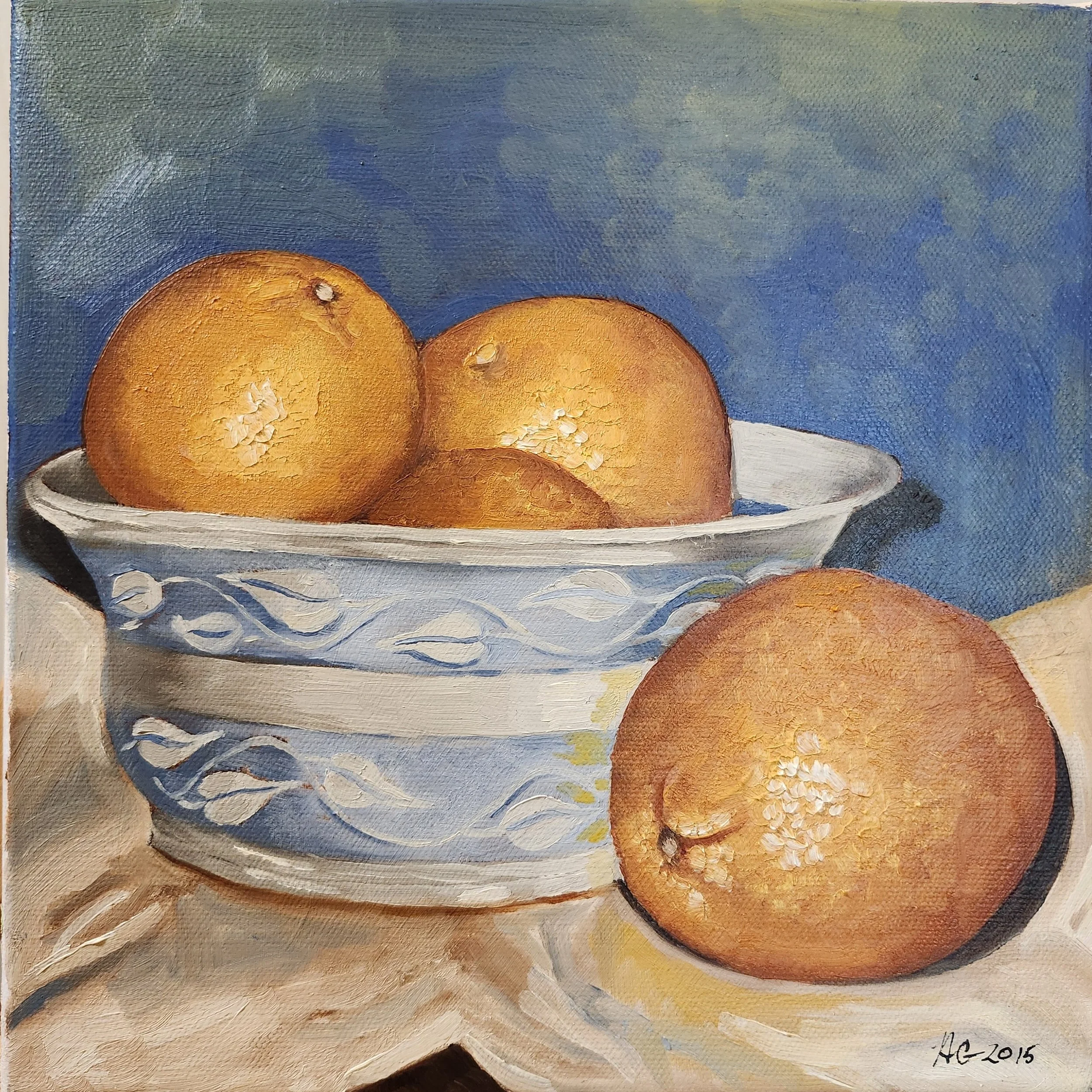 Bowl of Oranges (Study in Blue and Orange), 2015. Oil on canvas - 10 x 10 in / 25 x 25 cm.