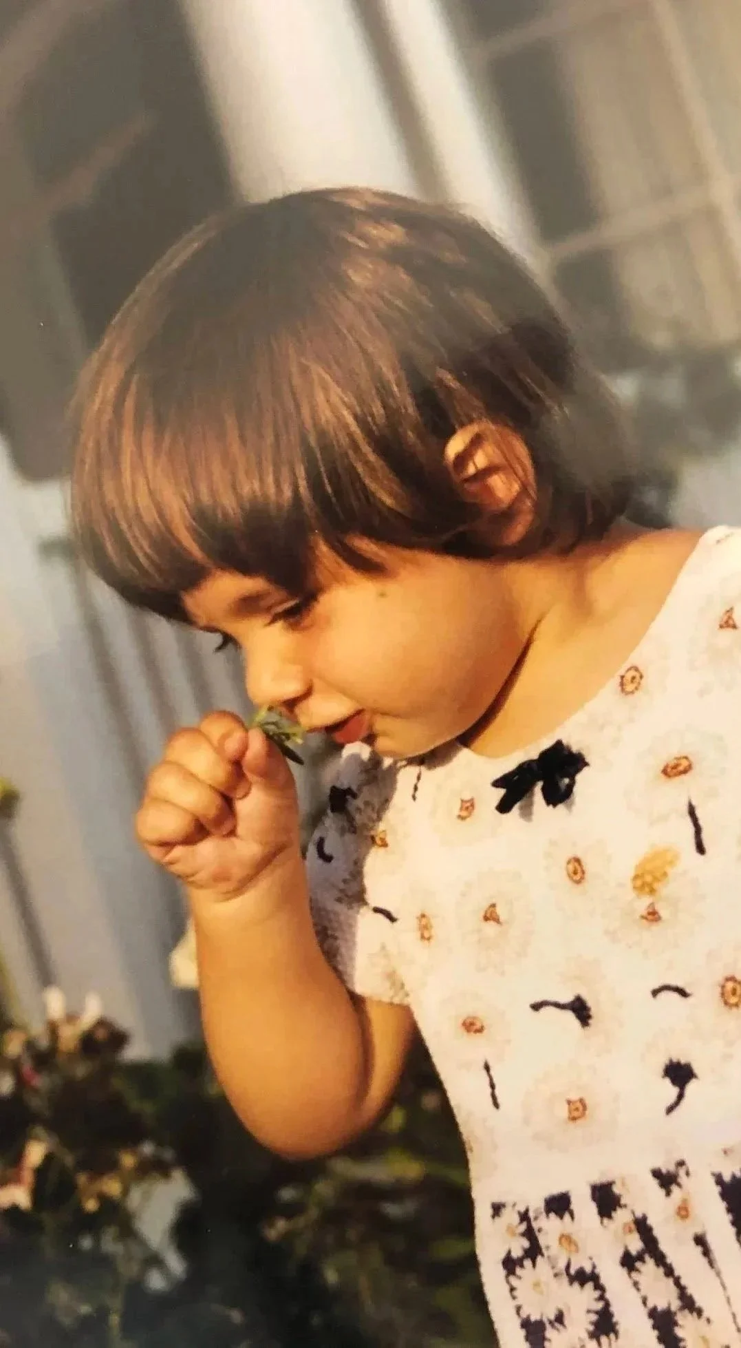 A young girl with short brown hair is smelling a small green plant, standing inside a room with a blurred background.