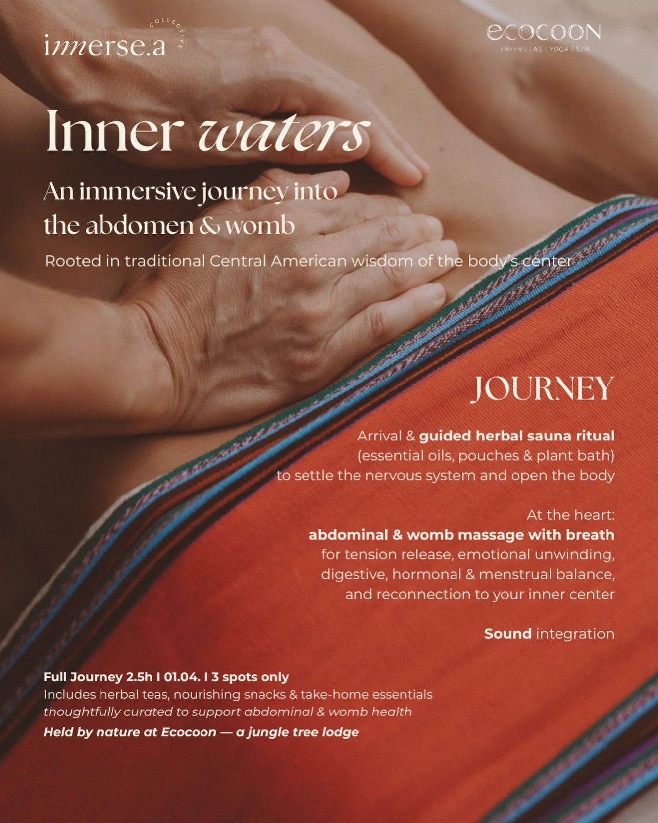 𝐘𝐨𝐮𝐫 𝐢𝐧𝐧𝐞𝐫 𝐖𝐚𝐭𝐞𝐫𝐬 | 1:1 session&thinsp;
&thinsp;
A rare &amp; intimate journey @ecocoon_santa_teresa 
&thinsp;
Only 3 spots | FULLY BOOKED
Full Journey:&thinsp;
- Guided sauna&thinsp;with herbal work
- Mayan abdominal &amp; womb massag