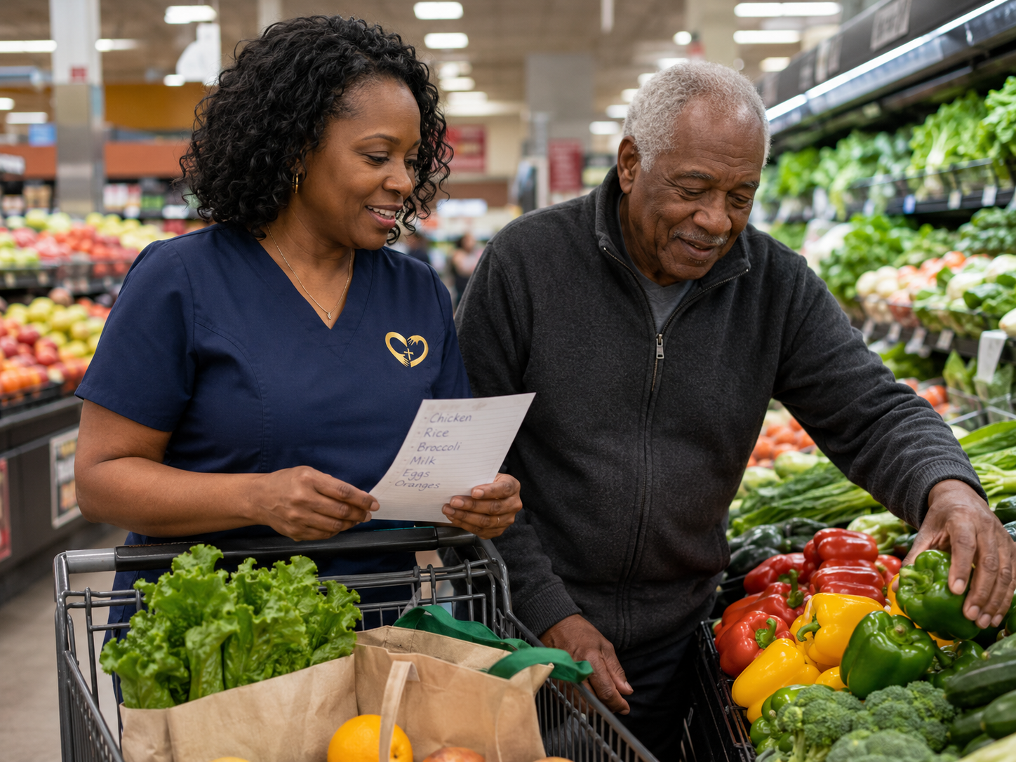 Caregiver assisting an older man with grocery shopping and selecting fresh produce.