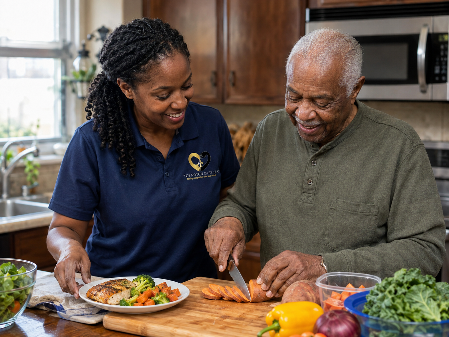 Top Notch Care caregiver helping an older Black man prepare a healthy meal in his home kitchen.