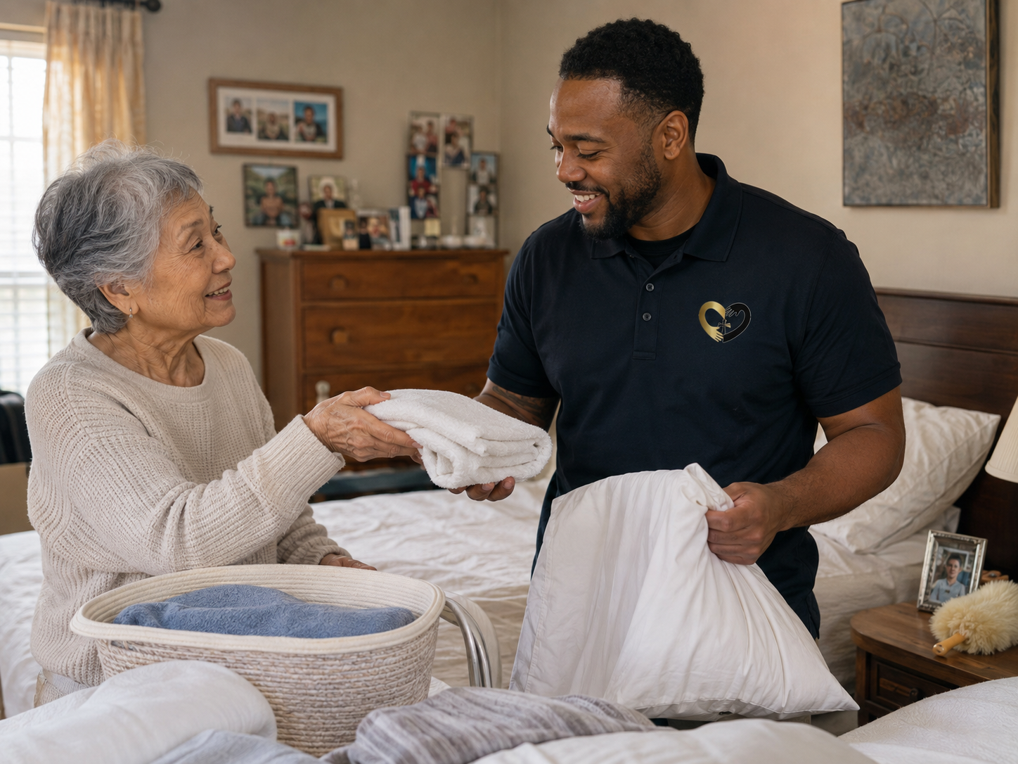 Top Notch Care homemaker helping an older woman fold laundry and change bed linens.
