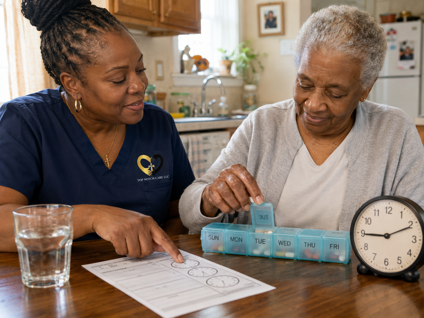 Top Notch Care caregiver providing a medication reminder while an older Black woman independently uses her pill organizer.