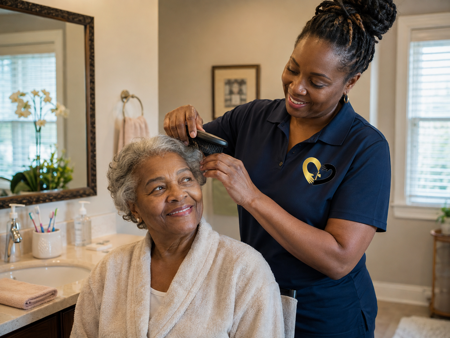 Top Notch Care caregiver helping an older woman with respectful personal grooming at home.