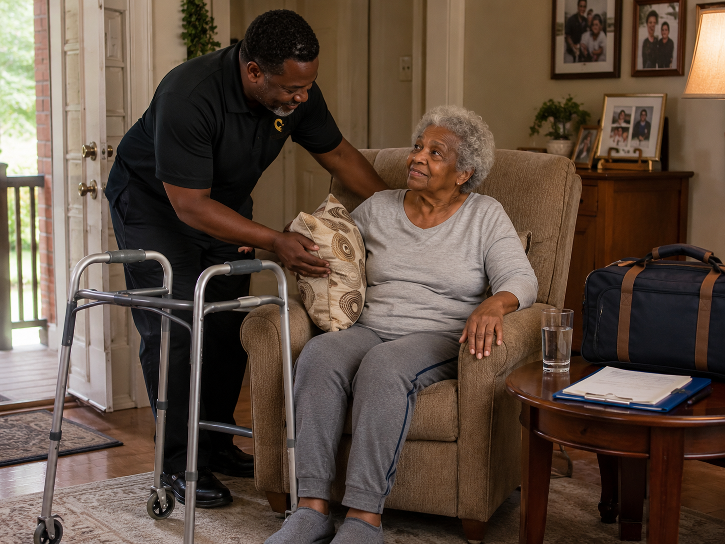 Top Notch Care caregiver helping an older woman settle safely at home after hospital discharge.