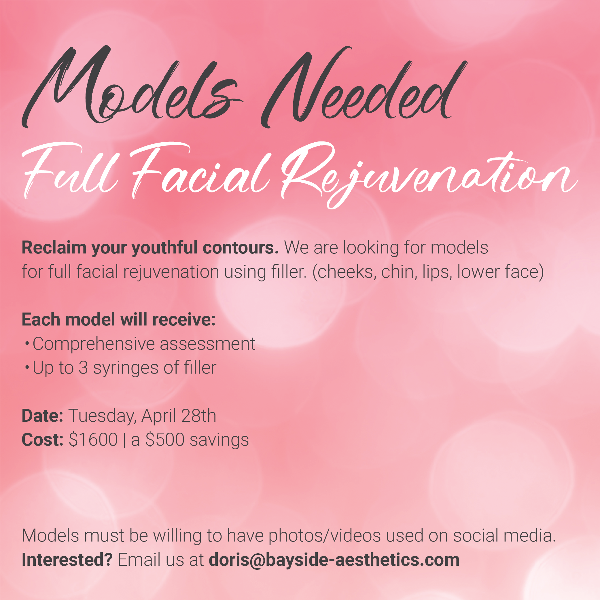 Pink background with text advertising a facial rejuvenation model search, including details about the procedure, date, cost, and contact information.