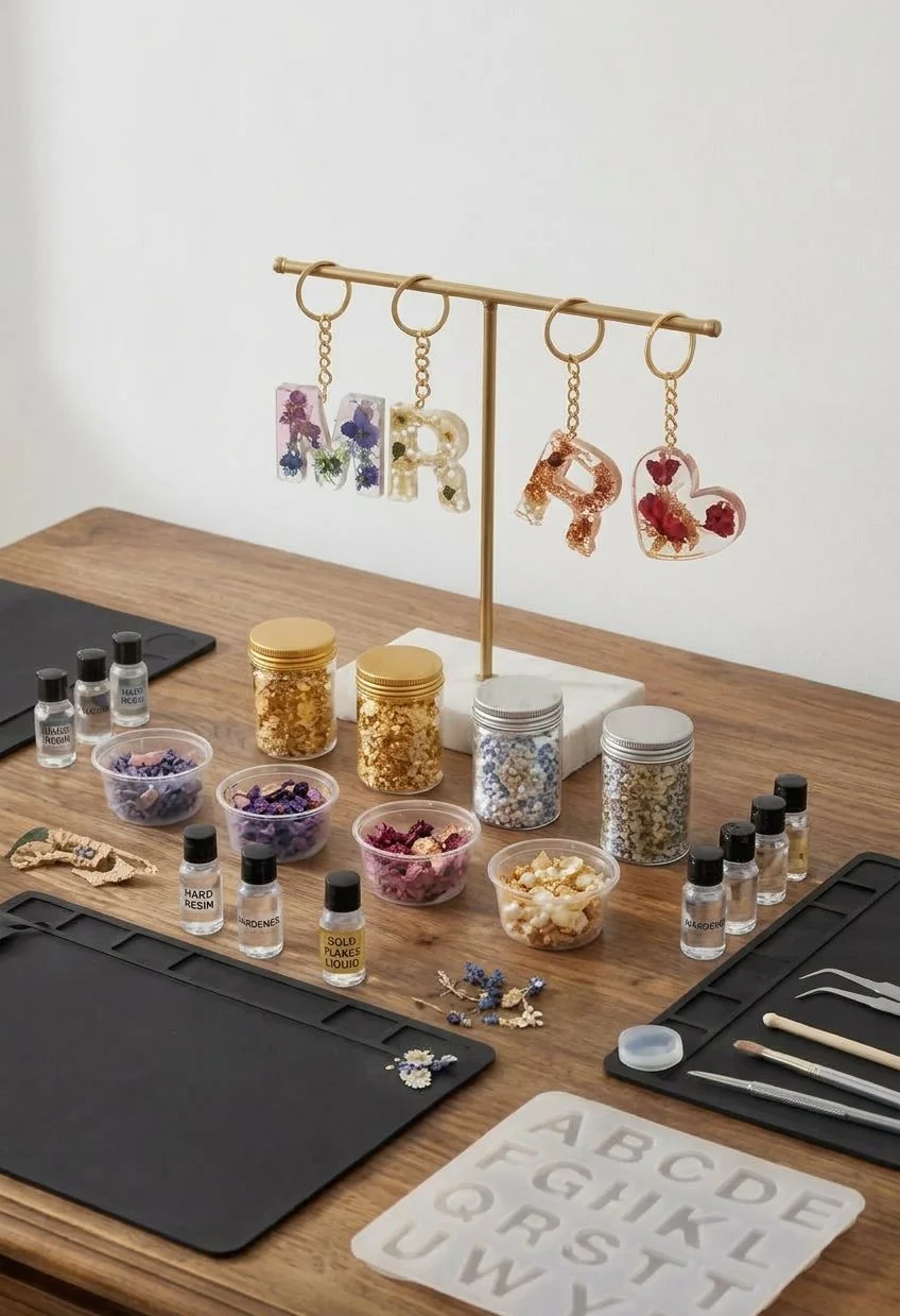 resin keychain station with black silicone mat, dried flowers , and foils for add on. dangling keychains already made with letter M,R,R and and heart shaped keychain.