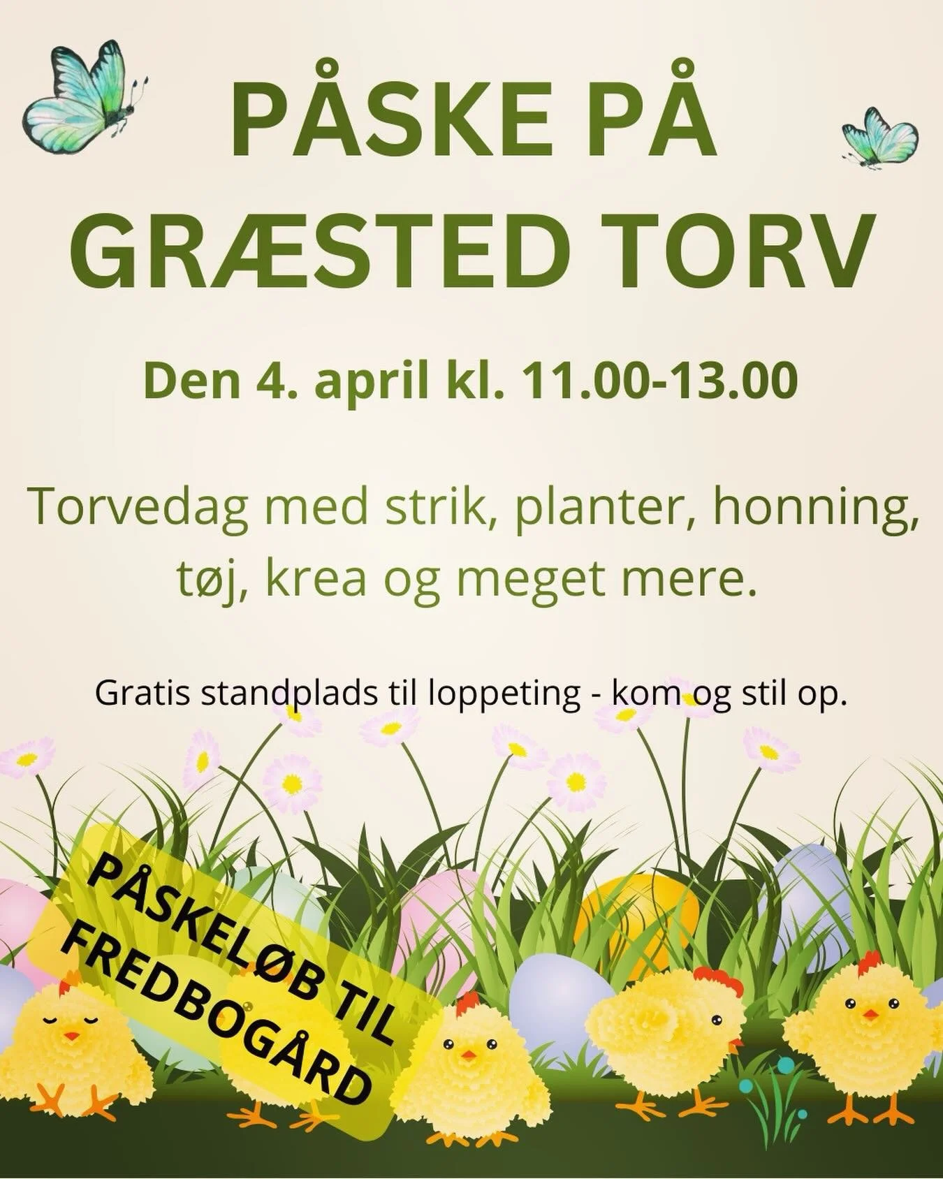 🐣 P&aring;ske p&aring; Torvet i Gr&aelig;sted &ndash; l&oslash;rdag den 4. april 🌼

Torvet v&aring;gner til liv med for&aring;rsstemning, lokale kr&aelig;fter og lidt ekstra p&aring;skehygge. Kig forbi og v&aelig;r med &ndash; der er noget at g&ari