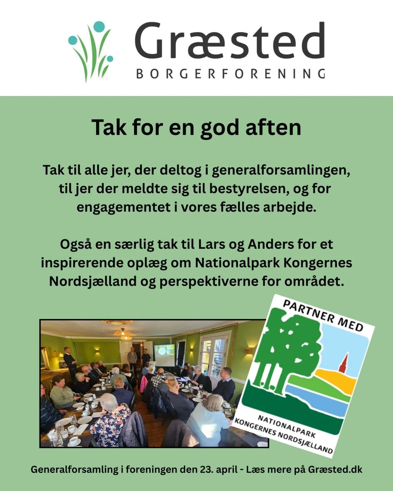 🌟Tak for en god og velbes&oslash;gt generalforsamling.
Bestyrelsen er igen fuldtallig, og vi vil gerne byde velkommen til de nye medlemmer. Det giver et solidt afs&aelig;t for det kommende &aring;rs arbejde.

Gr&aelig;sted Borgerforening er samtidig