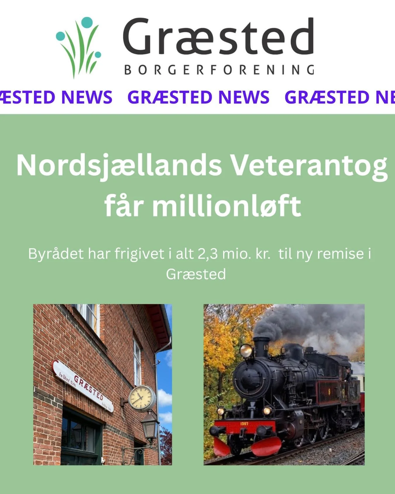 🌟God nyhed for Gr&aelig;sted 🤩

P&aring; byr&aring;dsm&oslash;det er der netop frigivet 2,3 mio. kr. til etablering af en ny remise ved Gr&aelig;sted Station. L&aelig;s mere om sagen p&aring; byr&aring;dets dagsorden den 19.05.26.

Det er et vigtig