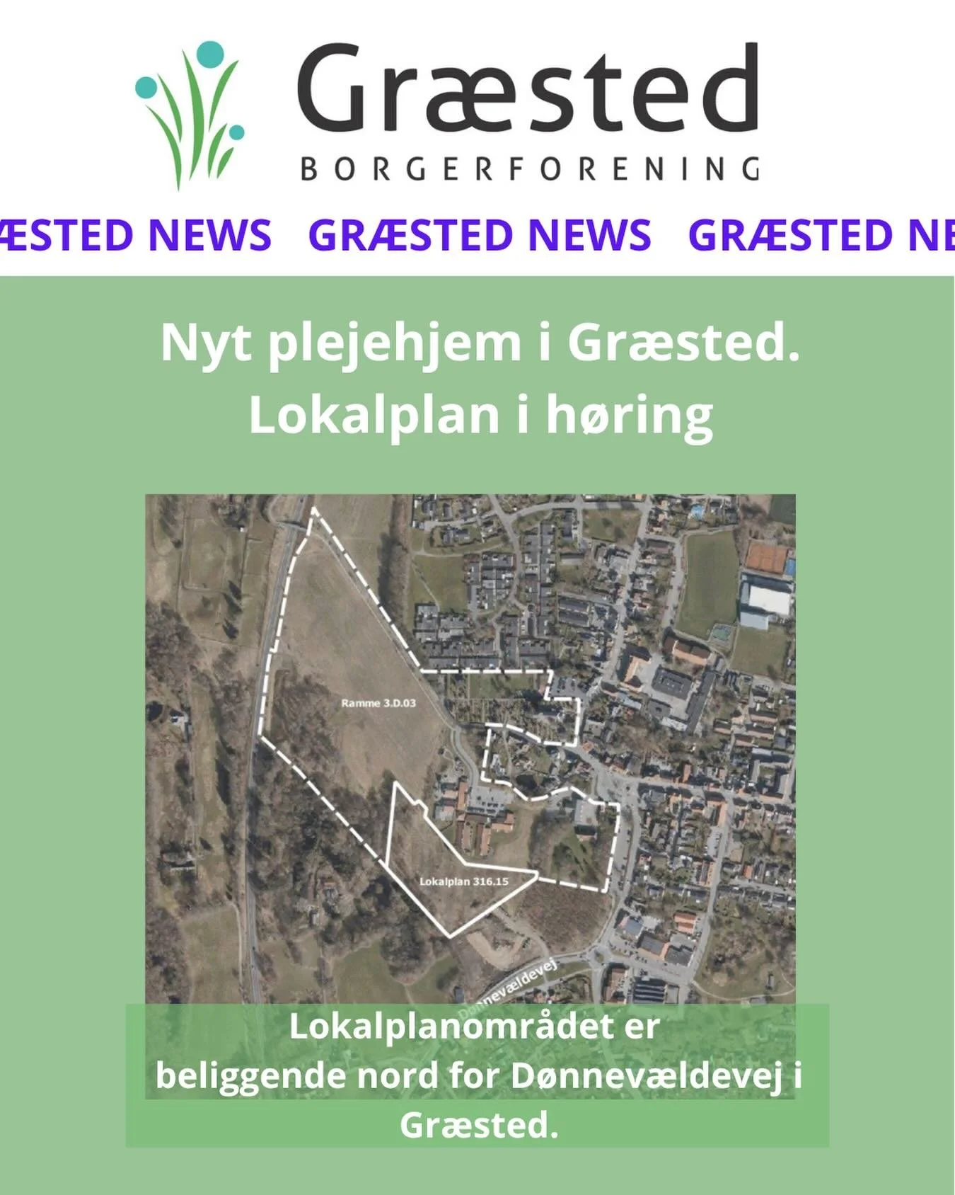 Nyt plejehjem i Gr&aelig;sted, lokalplan i h&oslash;ring

Gribskov Kommune har sendt forslag til lokalplan for et nyt plejehjem i Gr&aelig;sted i offentlig h&oslash;ring. Planen skal skabe mulighed for at opf&oslash;re et plejehjem nord for D&oslash;