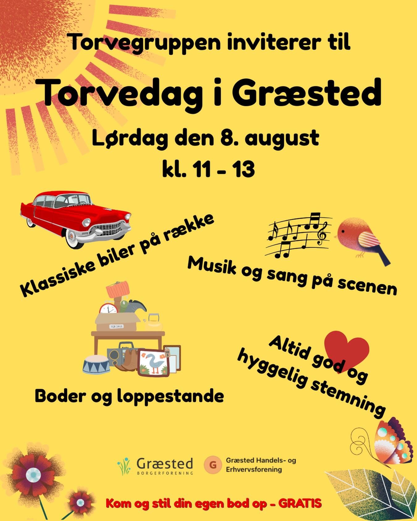 🌞Sommer p&aring; torvet. Kom forbi l&oslash;rdag d. 8. august fra kl. 11.00😎 Stil din egen bod op eller kom og k&oslash;b i de andre. Du kan ogs&aring; bare v&aelig;re en del af den gode stemning og kigger p&aring; klassiske biler. Vi ses.
#gr&aeli