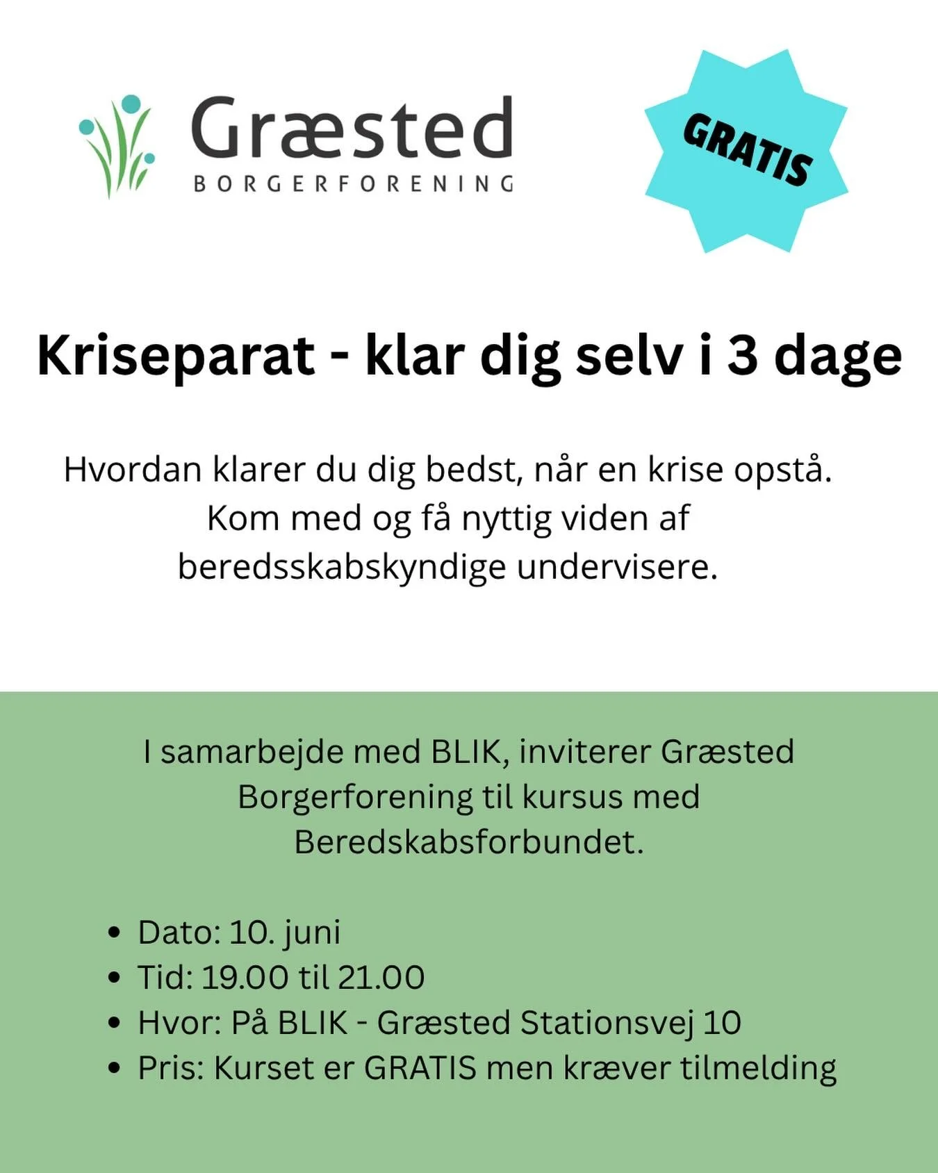 🌟🚨Beredskabsforbundet kommer forbi BLIK - Gr&aelig;sted Bibliotek og holder et foredrag, som kl&aelig;der dig p&aring; til at kunne klare dig selv i tre d&oslash;gn, hvis en udefrakommende krise rammer. Det kunne f.eks. v&aelig;re et str&oslash;mne
