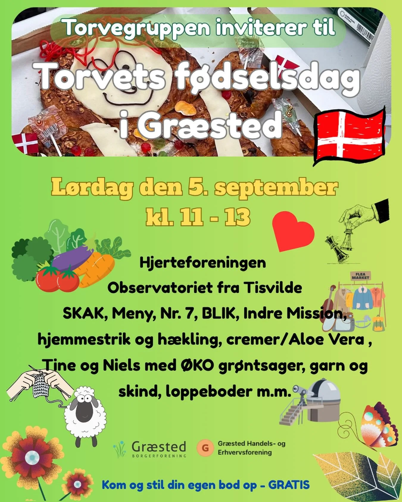 🌟 Sidste torvedag er p&aring; torvets f&oslash;dselsdag den 5. september🎂 Kom og v&aelig;r med! 
Gr&aelig;sted mangler fortsat en tovholder til torvedagene. Kontakt gerne borgerforeningen p&aring; info@graestedborgerforening eller p&aring; Gr&aelig