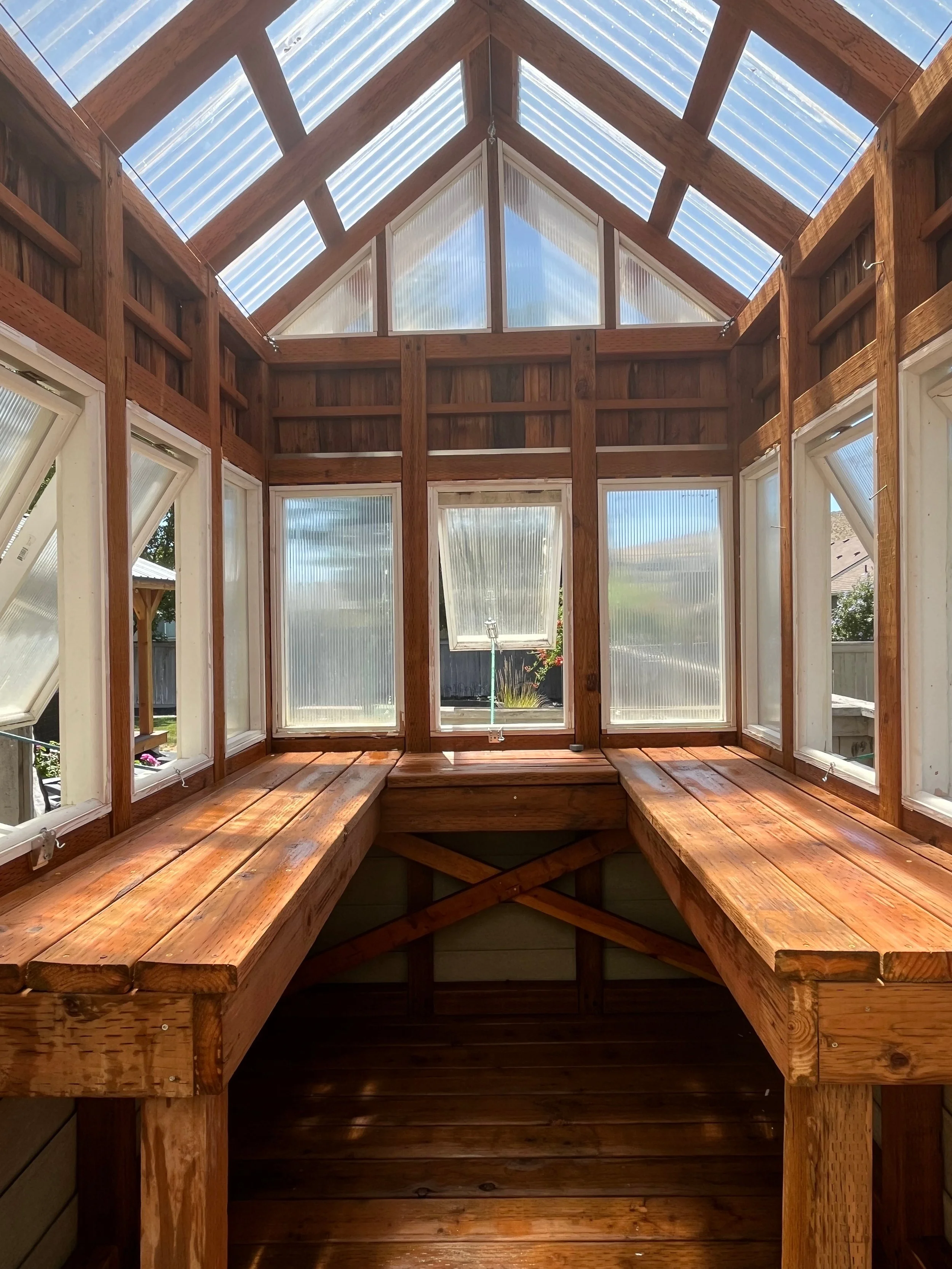 Inside view of Igneous Greenhouse with large windows and a glass roof.