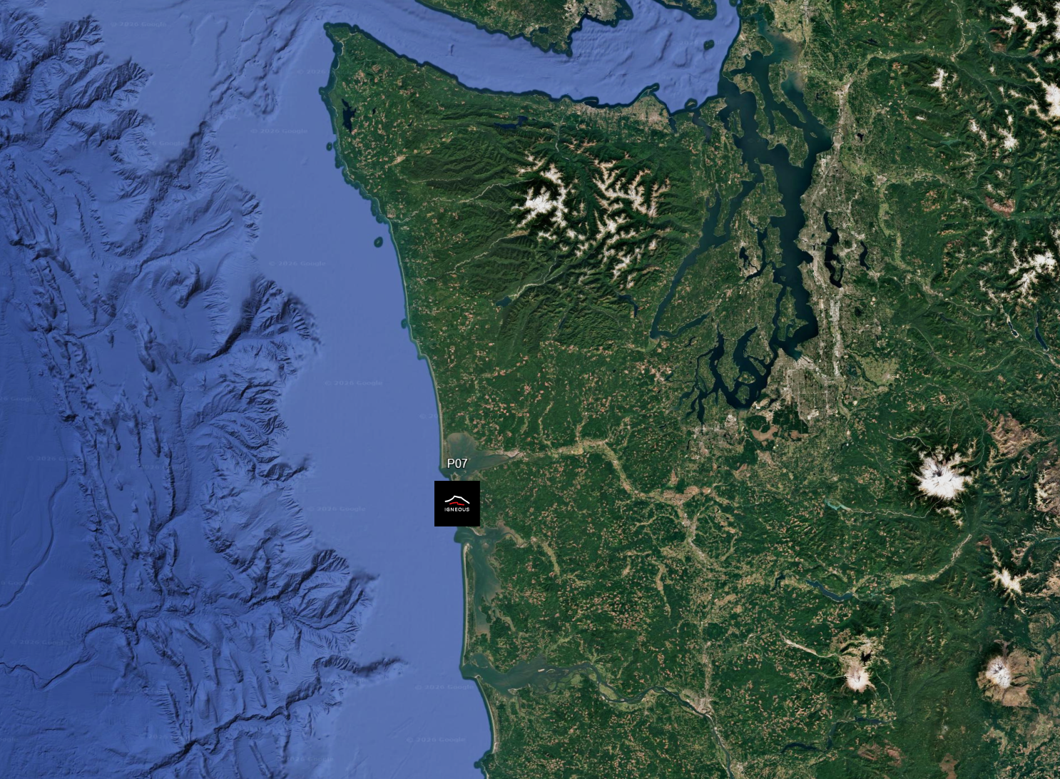 Satellite image of Igneous Salt sourcing grounds and the northwest coast of the U.S. state of Washington, showing water bodies, forests, and mountains. It features the Olympic Peninsula and the surrounding Puget Sound region.
